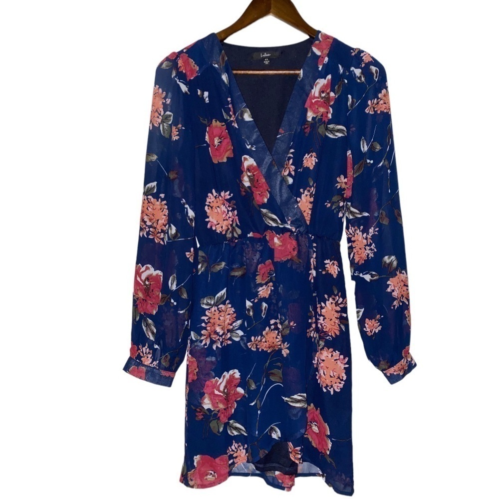 Lulus Women Navy Pretty Pretender Floral Print Dress Faux Wrap Cocktail Xs